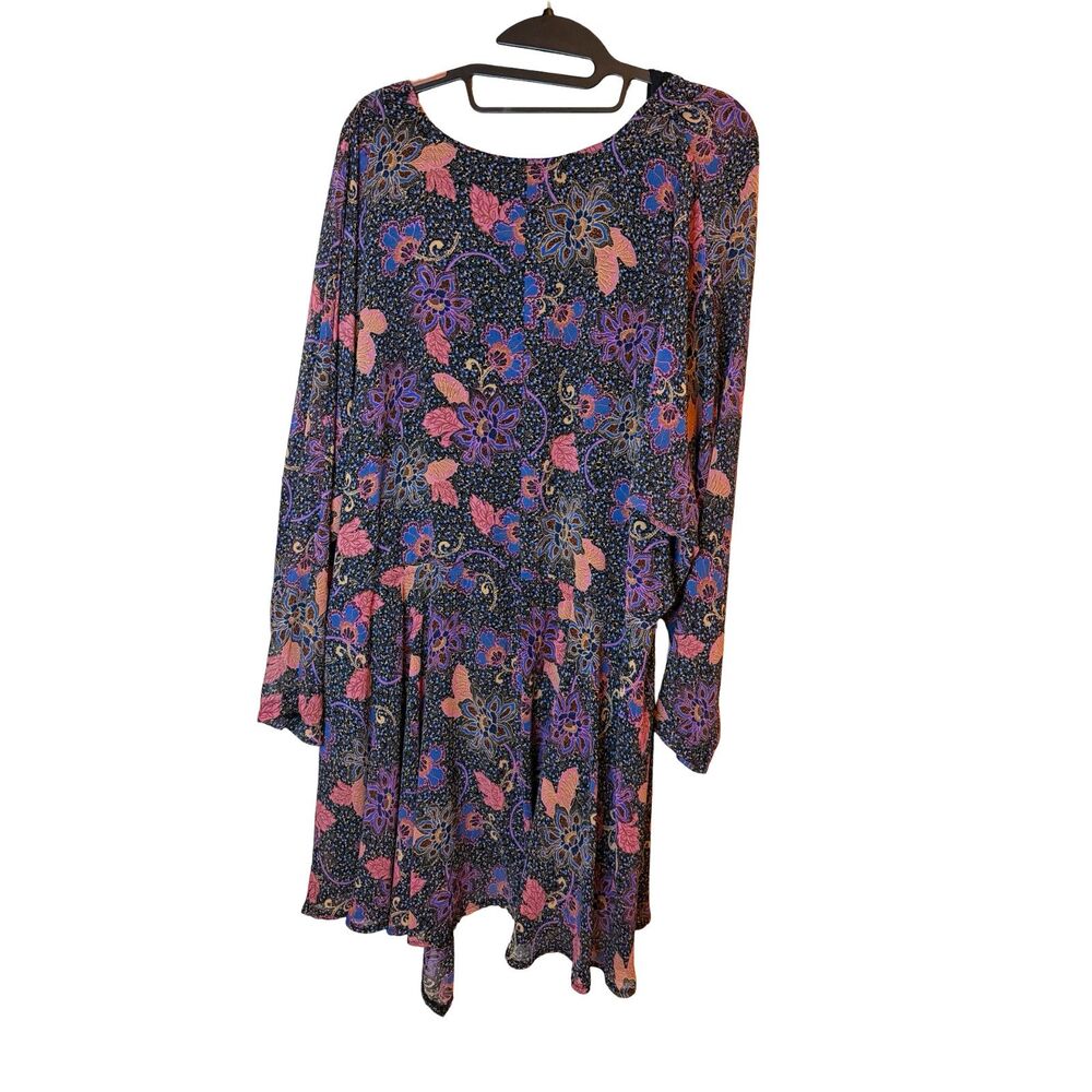 Free People Boho Floral V-Neck Bell Sleeve Mini Dress Womens L Purple Pink - Picture 3 of 7